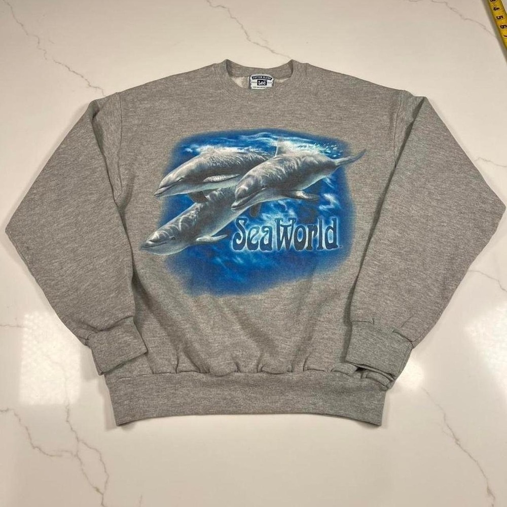 Vintage Lee SeaWorld Dolphin Graphic Sweatshirt Grey Crewneck Mens Medium